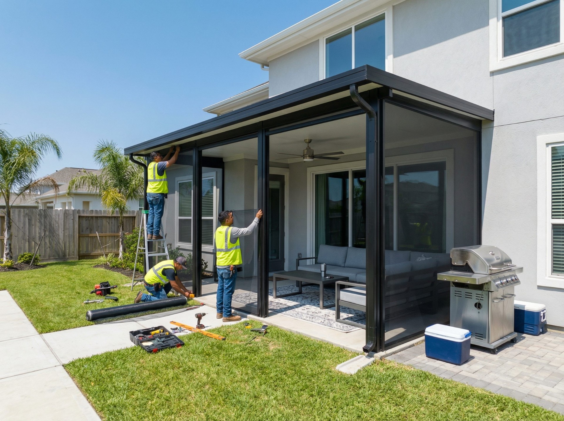 Julio and the KPE crew installing a screen enclosure
